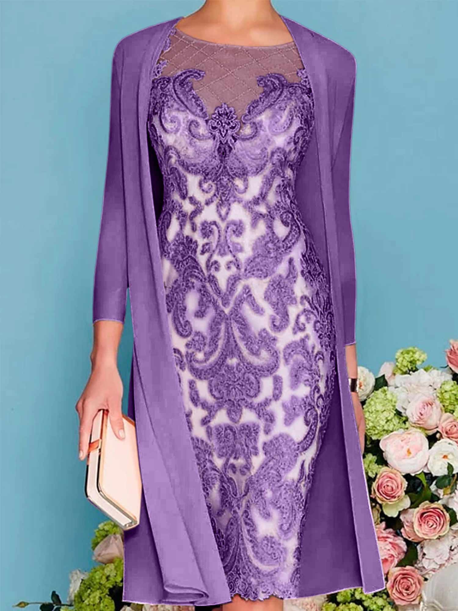Long-Sleeve Knee-Length Sheath/Column Mother of the Bride Dress with Lace Beading Appliques
