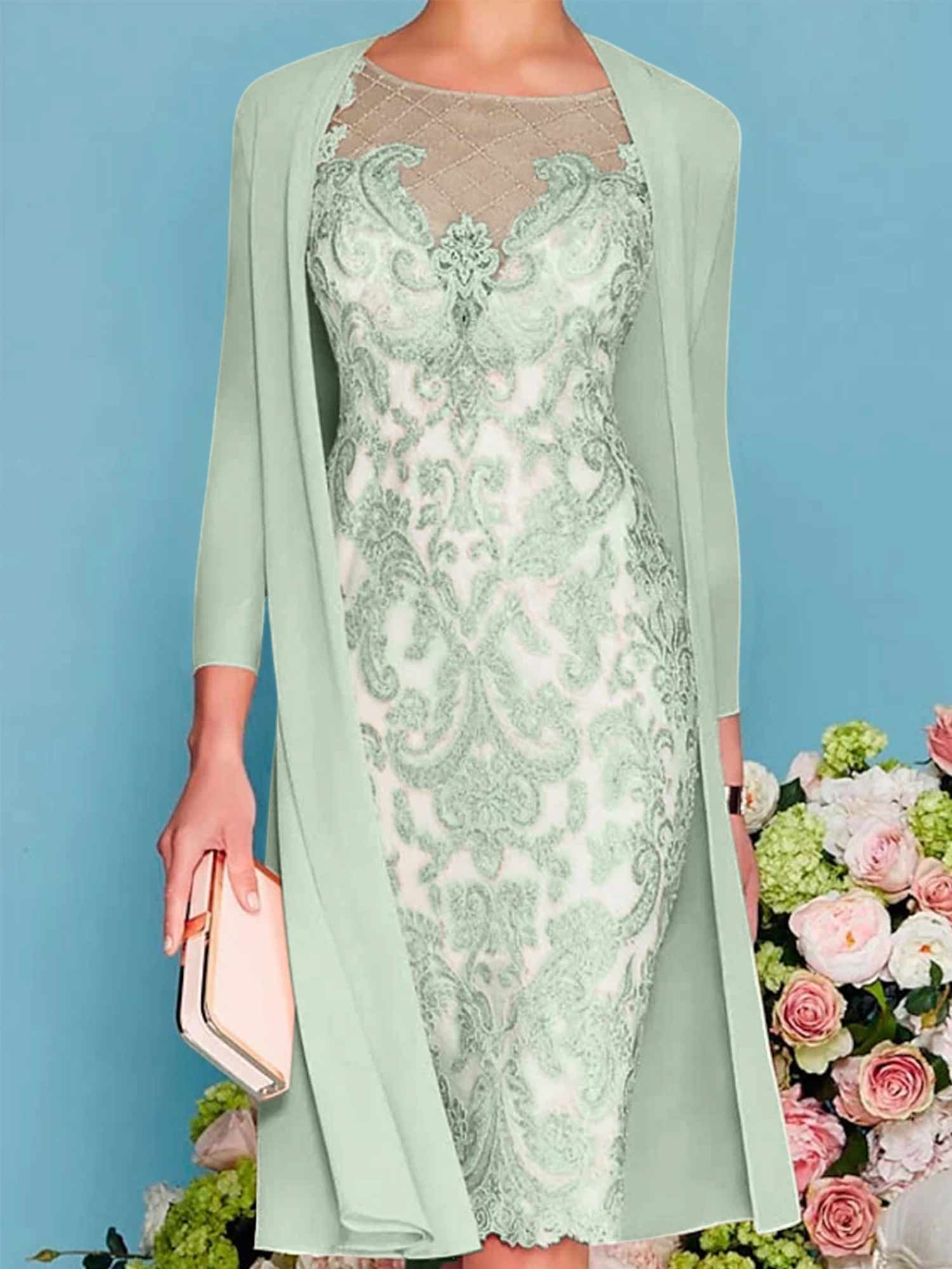 Long-Sleeve Knee-Length Sheath/Column Mother of the Bride Dress with Lace Beading Appliques