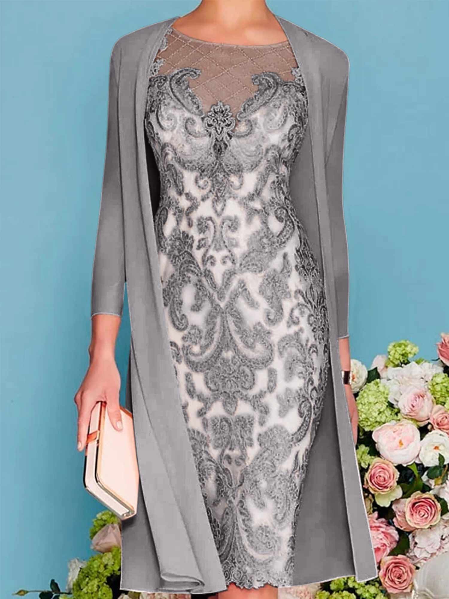 Long-Sleeve Knee-Length Sheath/Column Mother of the Bride Dress with Lace Beading Appliques