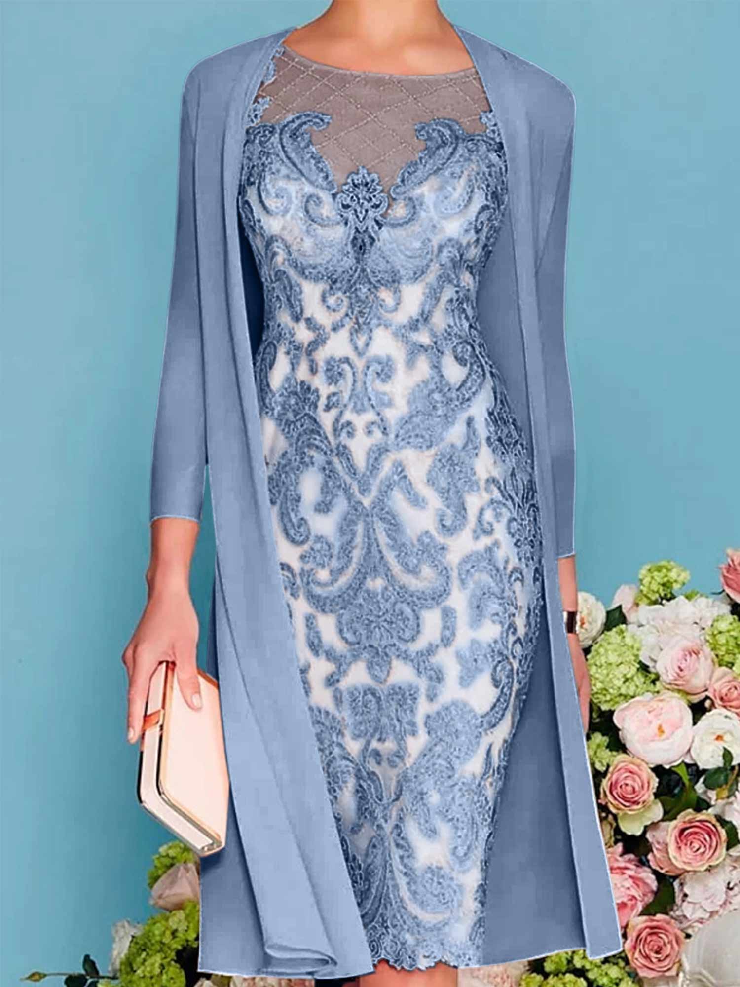 Long-Sleeve Knee-Length Sheath/Column Mother of the Bride Dress with Lace Beading Appliques