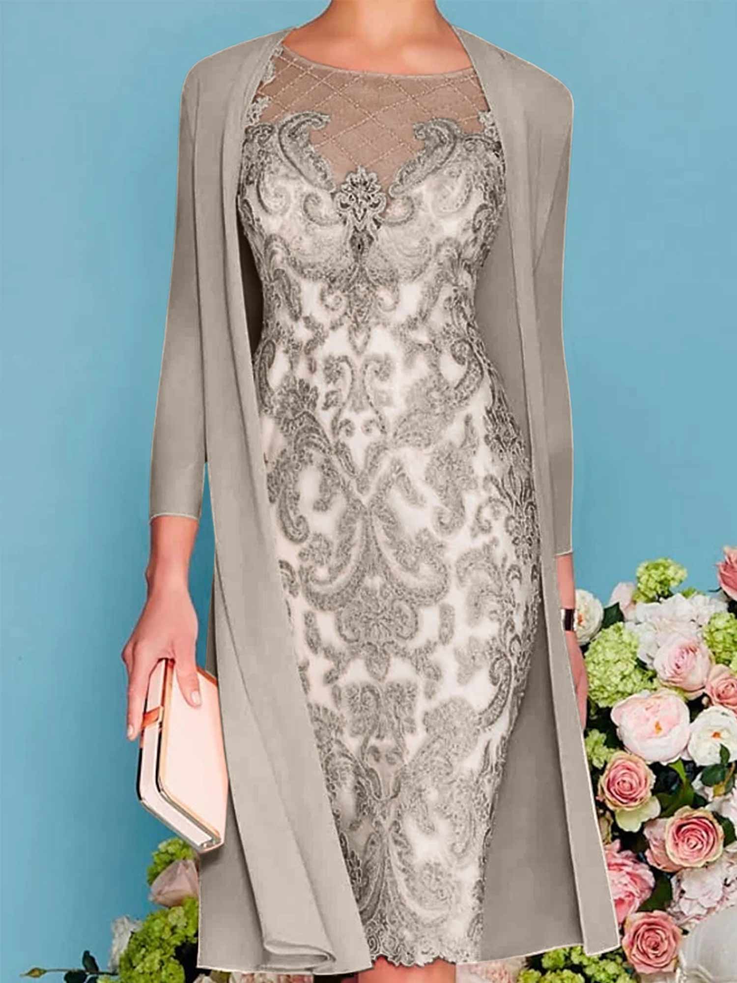 Long-Sleeve Knee-Length Sheath/Column Mother of the Bride Dress with Lace Beading Appliques
