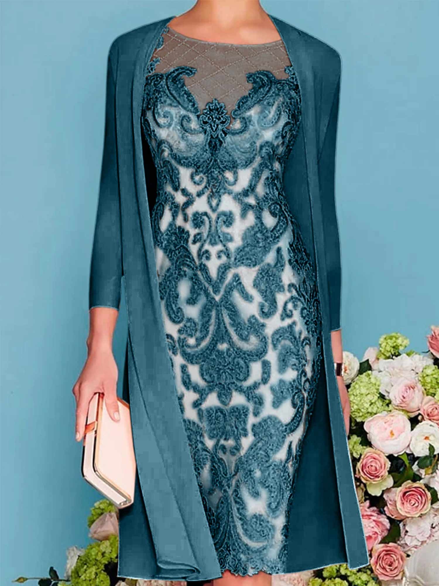 Long-Sleeve Knee-Length Sheath/Column Mother of the Bride Dress with Lace Beading Appliques