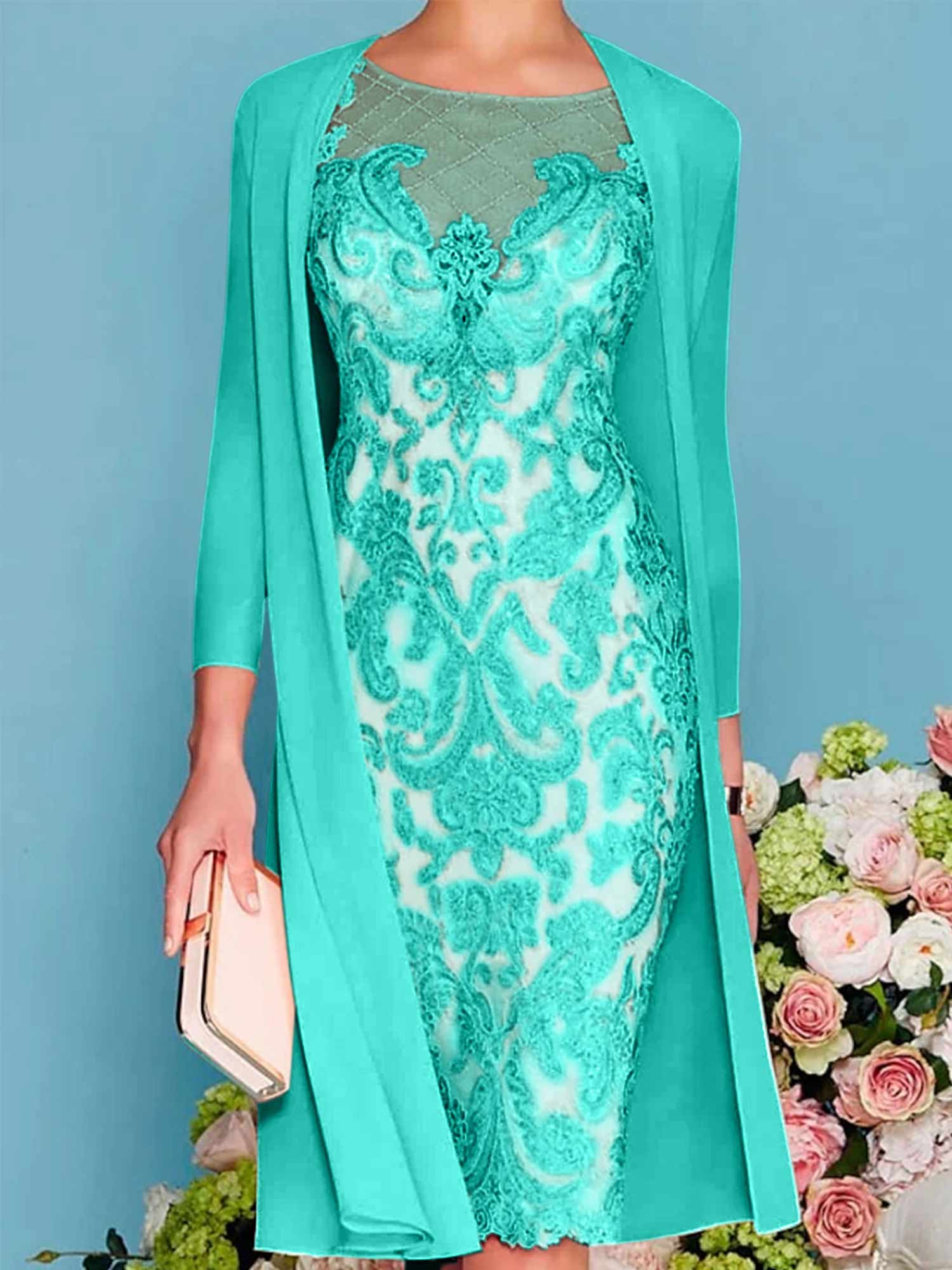 Long-Sleeve Knee-Length Sheath/Column Mother of the Bride Dress with Lace Beading Appliques