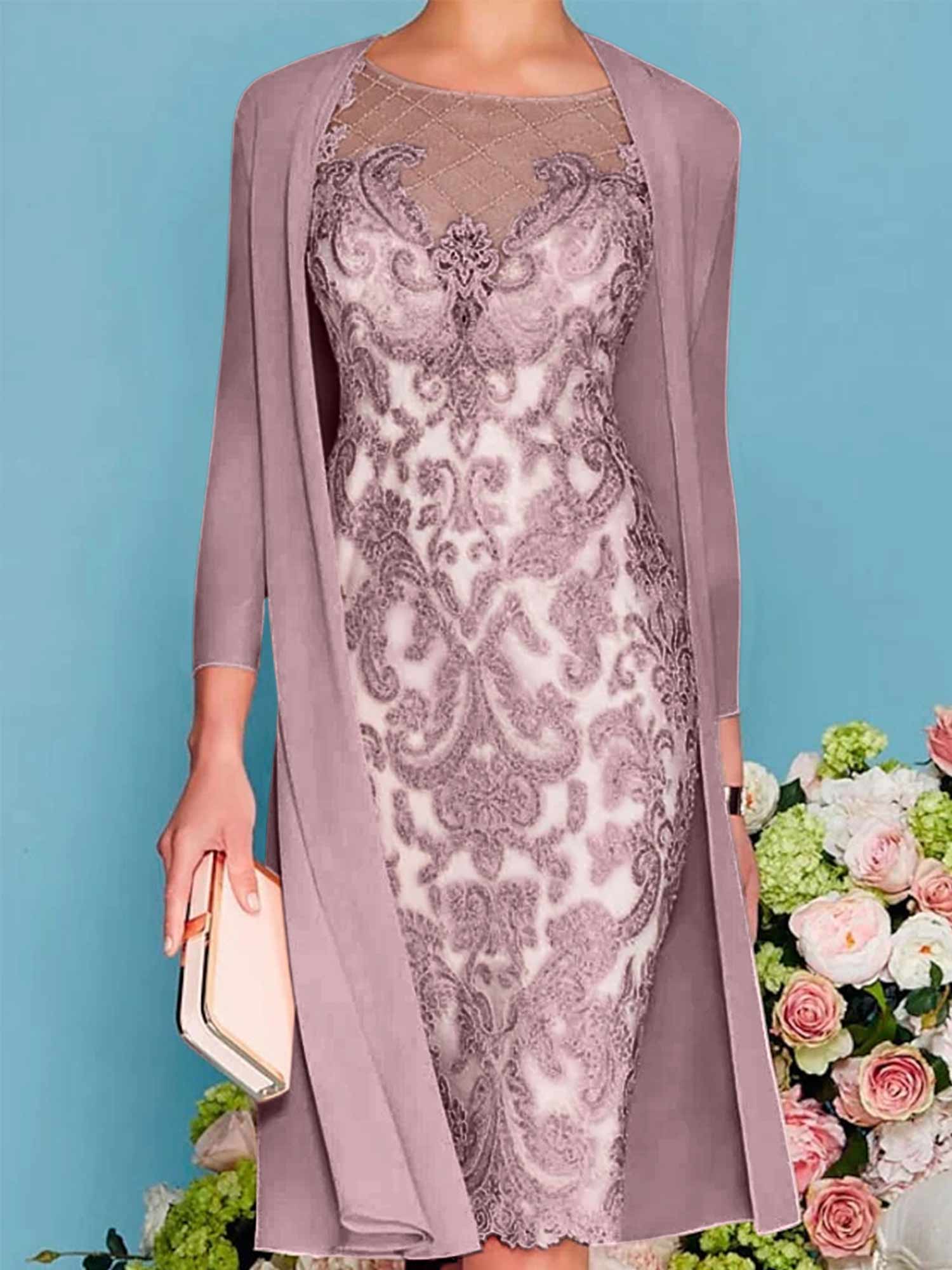 Long-Sleeve Knee-Length Sheath/Column Mother of the Bride Dress with Lace Beading Appliques