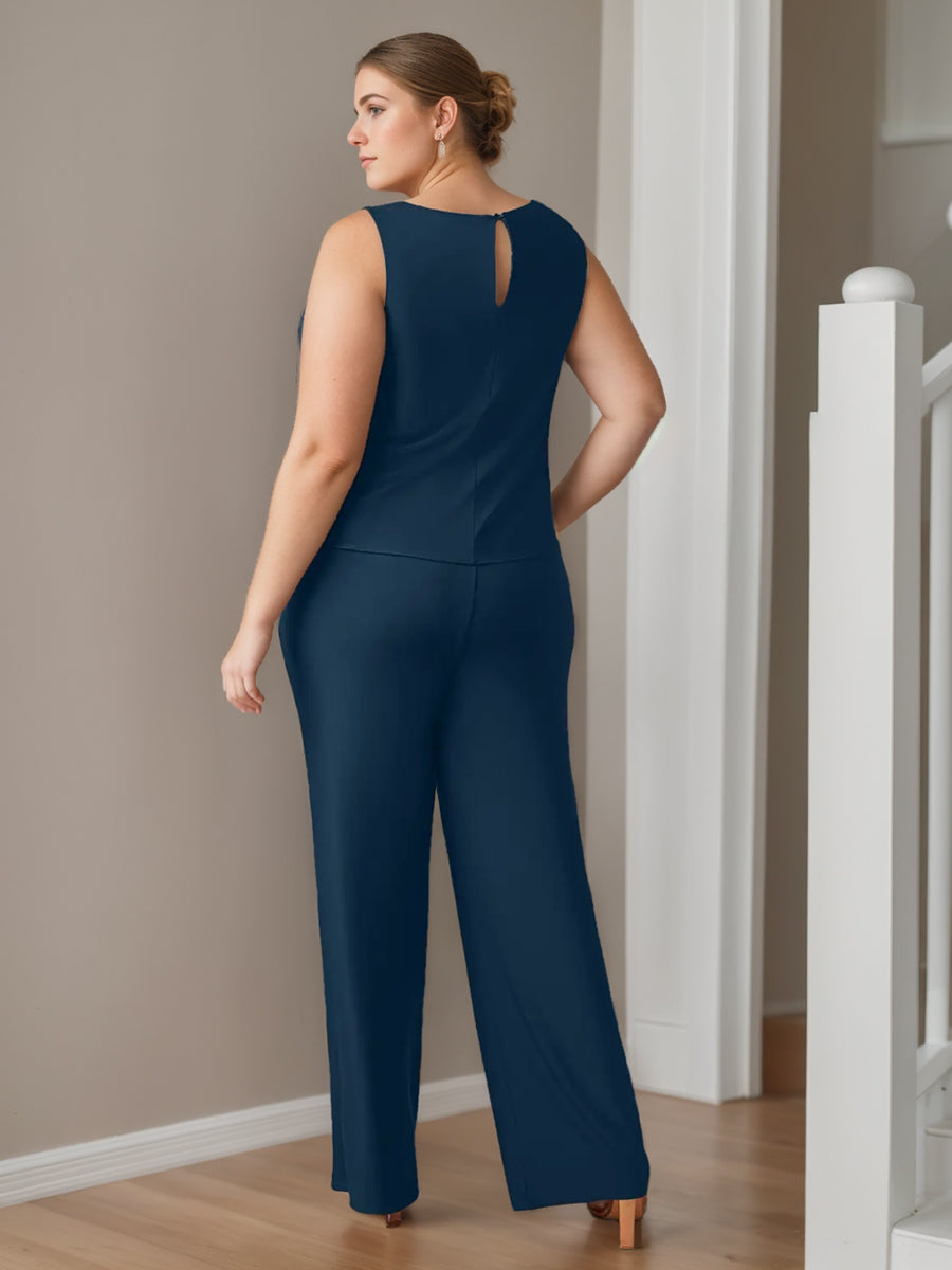 Plus Size 3-Piece Chiffon Pantsuit with Scoop Neck 3/4 Sleeves and Floor-Length Jacket Featuring Pockets