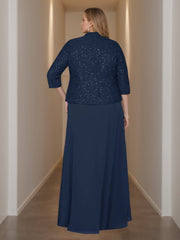 2-Piece Square Neck 3/4 Sleeve Floor-Length Mother of the Bride Dress Set with Jacket Lace & Sequins