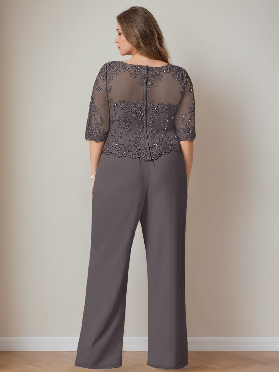 Plus Size Floor-Length Chiffon Pantsuits With Jacket - 3 Piece Set Scoop Neck & Long Sleeves