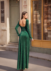 Off-the-shoulder Floor-length Sequined Mother of the Bride Gown with Long Sleeves