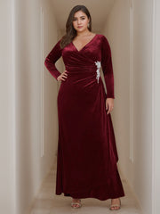 Princess A-Line V-Neck Floor-Length Plus Size Velvet Mother of the Bride Dress with Long Sleeves and Ruffles