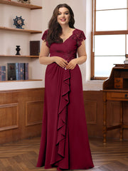 Plus Size V-Neck A-Line Princess Dress with Short Sleeves Ruffles and Appliques for Mothers of the Bride & Groom