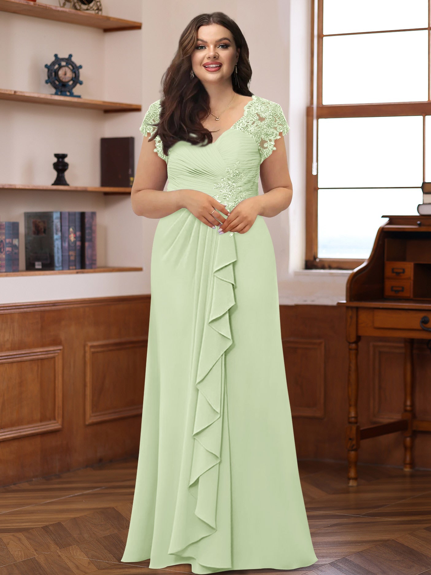 Plus Size V-Neck A-Line Princess Dress with Short Sleeves Ruffles and Appliques for Mothers of the Bride & Groom