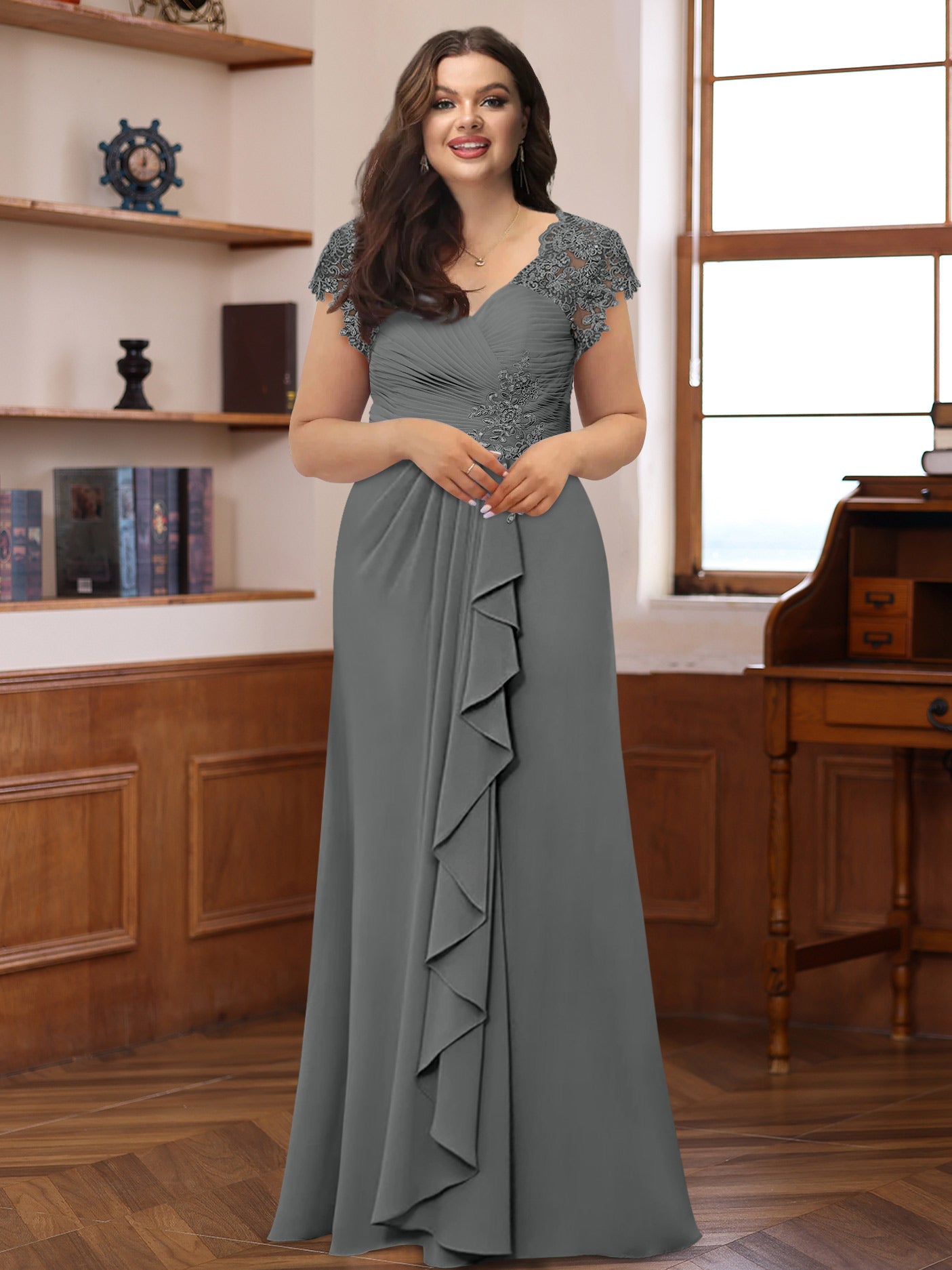 Plus Size V-Neck A-Line Princess Dress with Short Sleeves Ruffles and Appliques for Mothers of the Bride & Groom