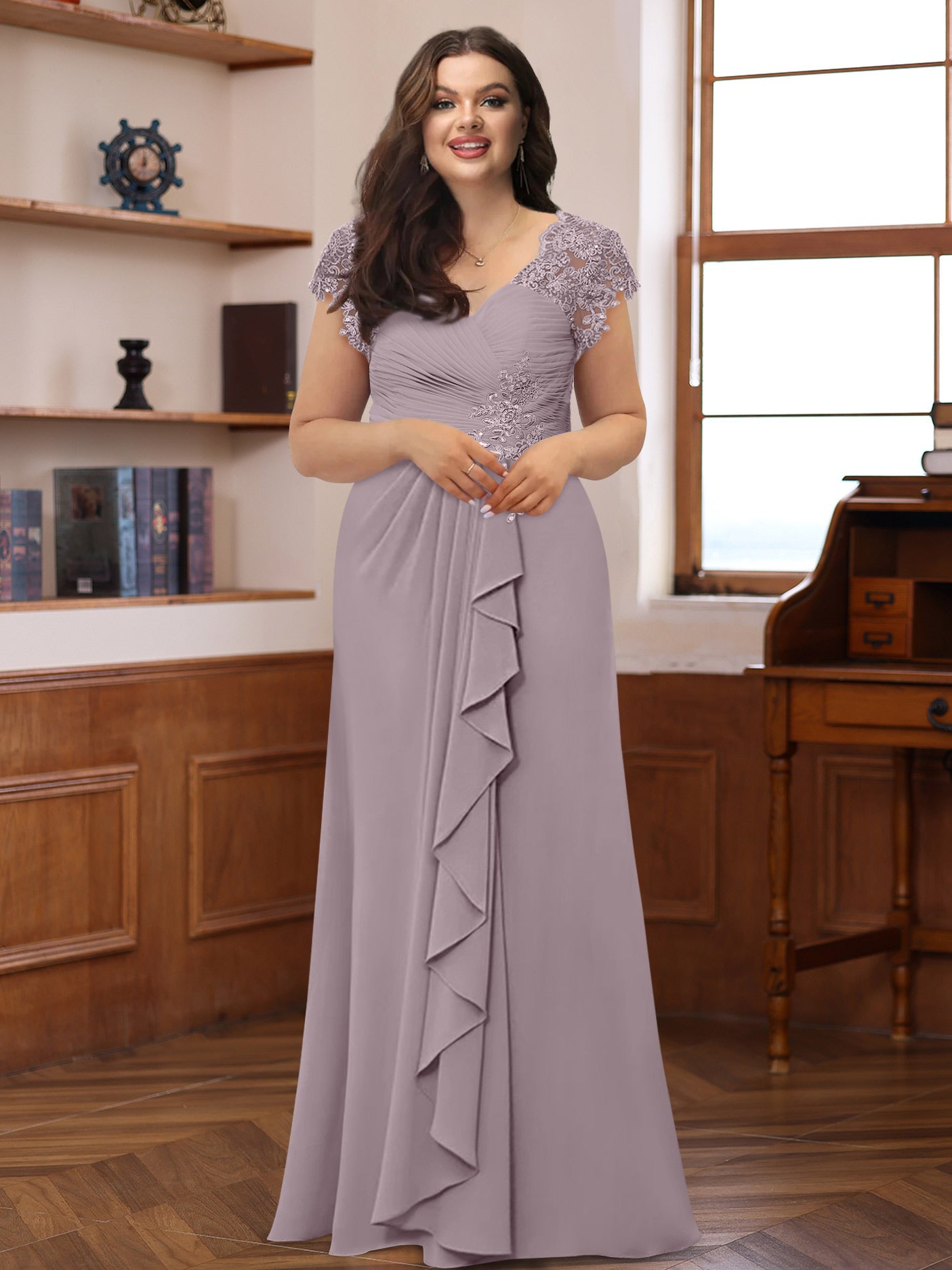 Plus Size V-Neck A-Line Princess Dress with Short Sleeves Ruffles and Appliques for Mothers of the Bride & Groom