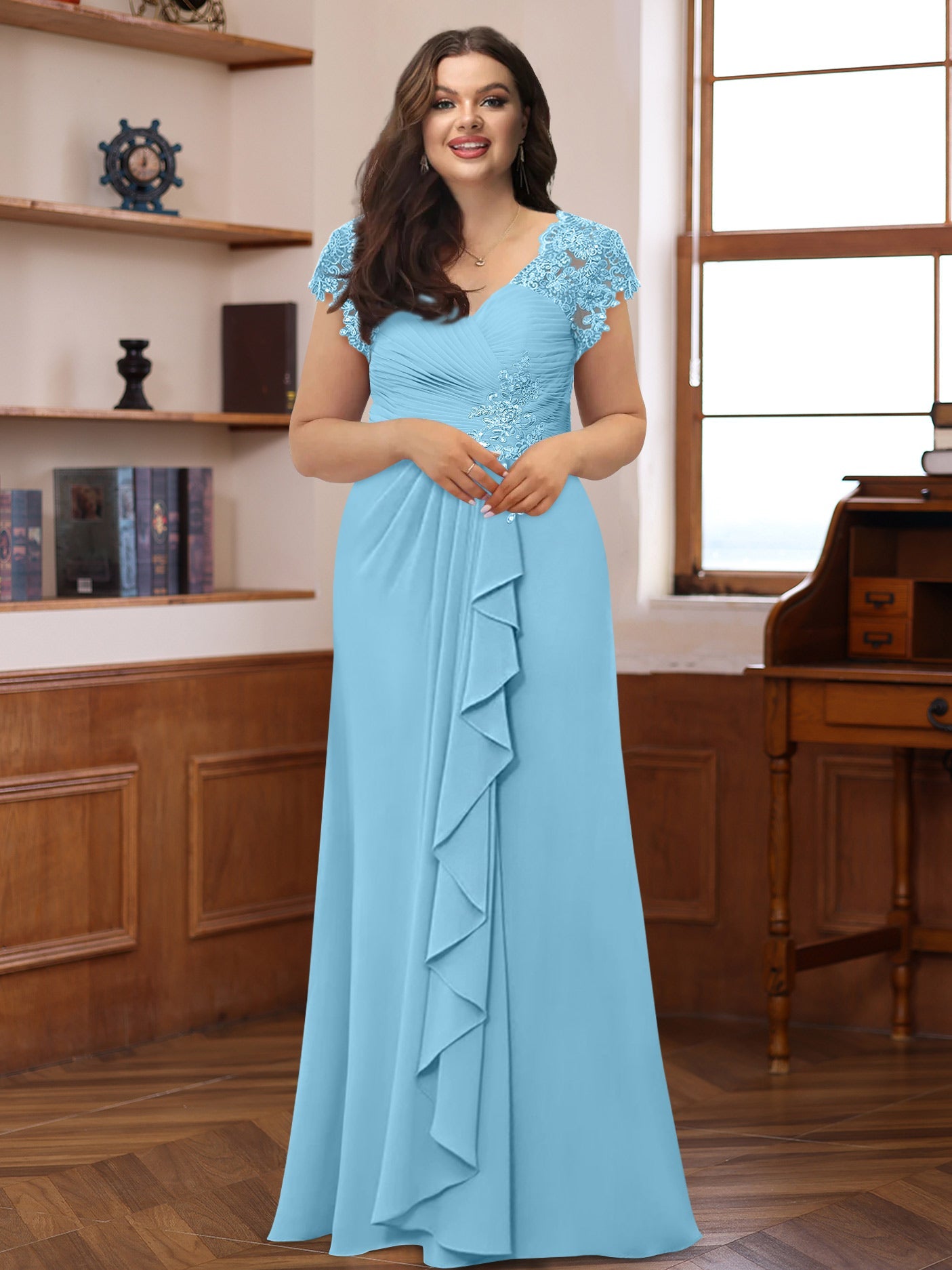 Plus Size V-Neck A-Line Princess Dress with Short Sleeves Ruffles and Appliques for Mothers of the Bride & Groom