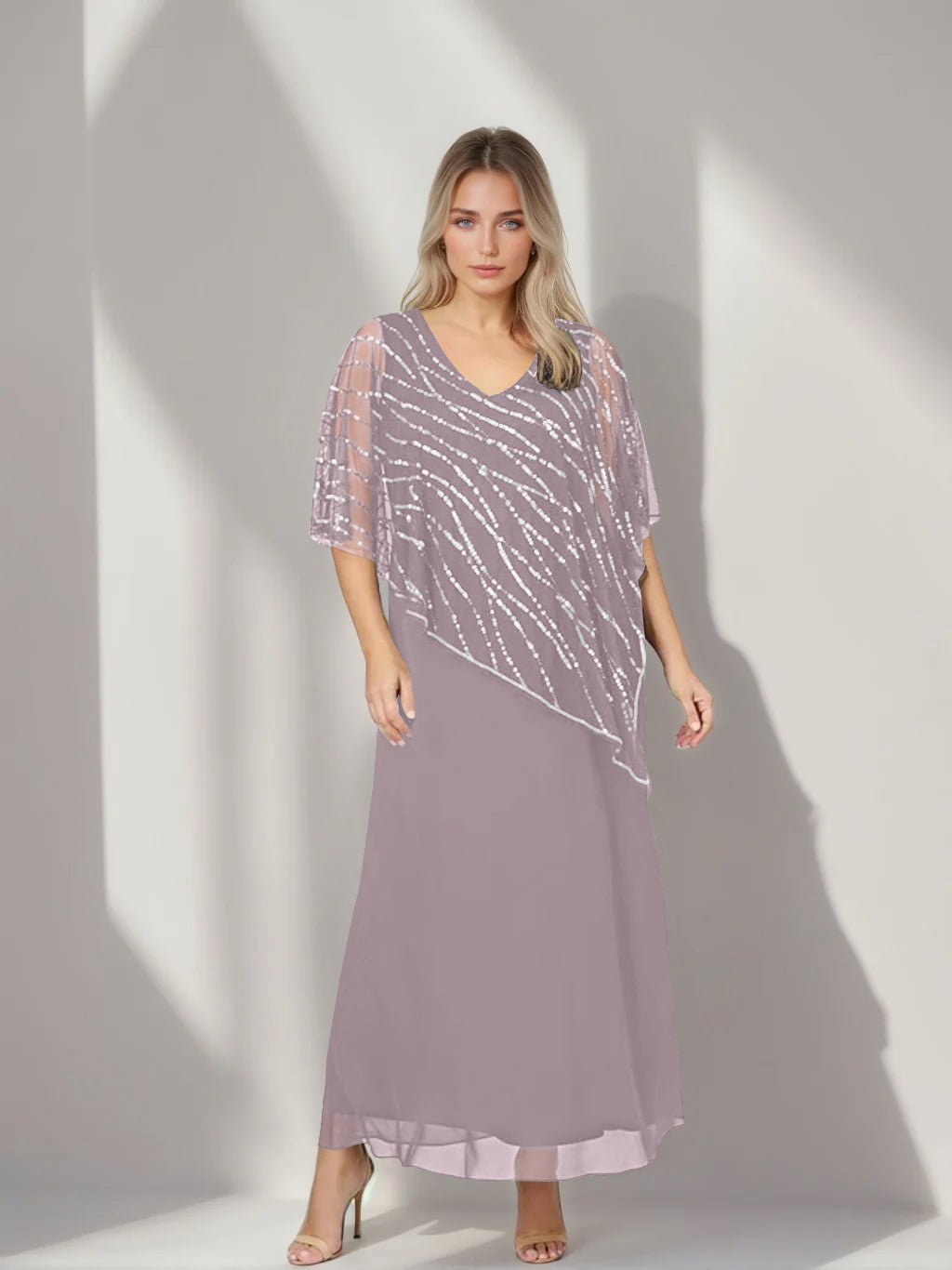 Plus Size V-Neck A-Line Princess Ankle-Length Mother of the Bride Dress with Asymmetrical Cape Popover and Half Sleeves