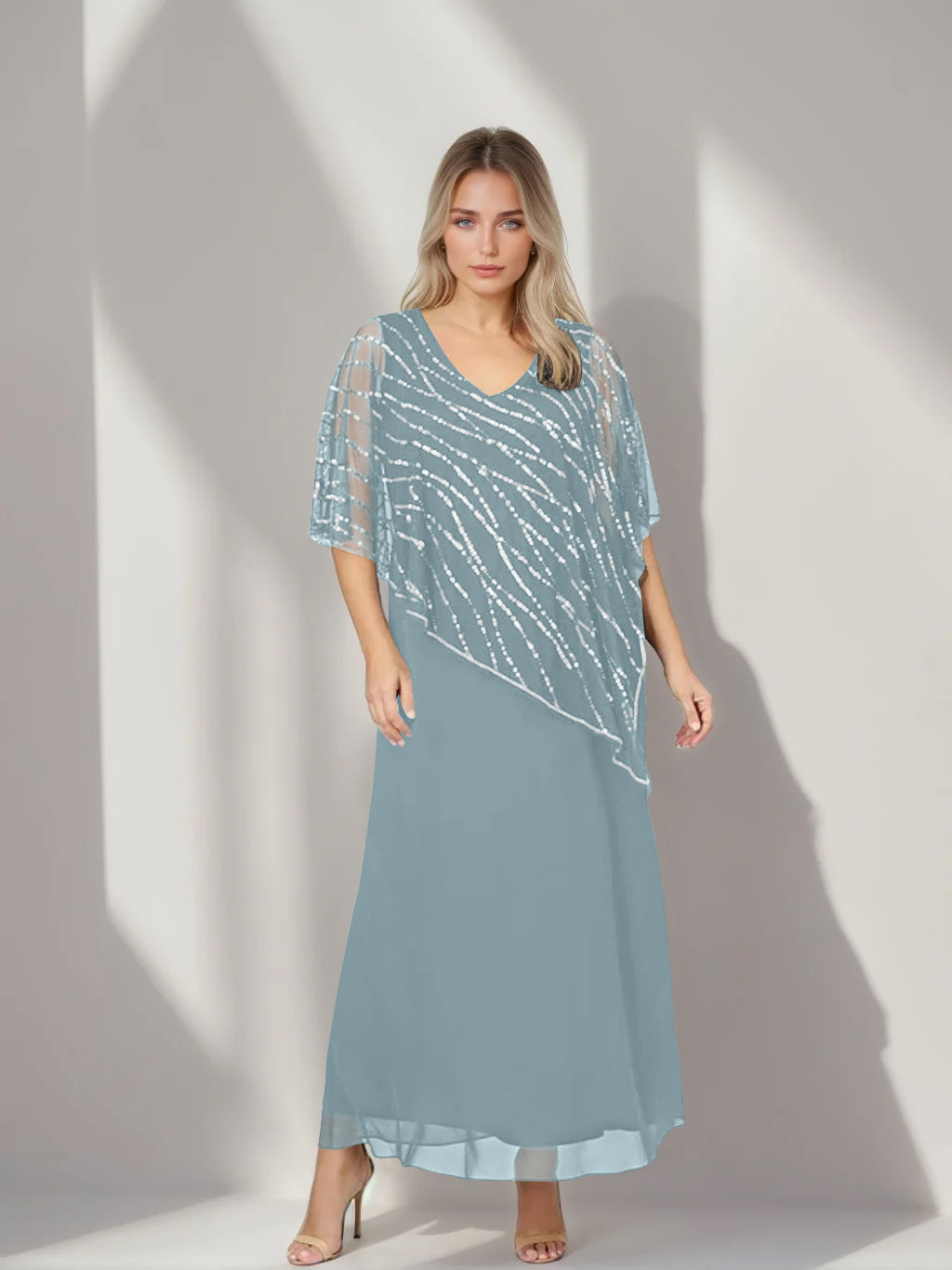 Plus Size V-Neck A-Line Princess Ankle-Length Mother of the Bride Dress with Asymmetrical Cape Popover and Half Sleeves