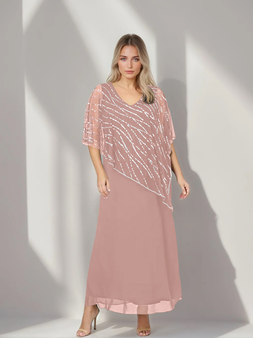 Plus Size V-Neck A-Line Princess Ankle-Length Mother of the Bride Dress with Asymmetrical Cape Popover and Half Sleeves
