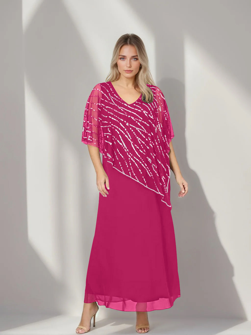 Plus Size V-Neck A-Line Princess Ankle-Length Mother of the Bride Dress with Asymmetrical Cape Popover and Half Sleeves