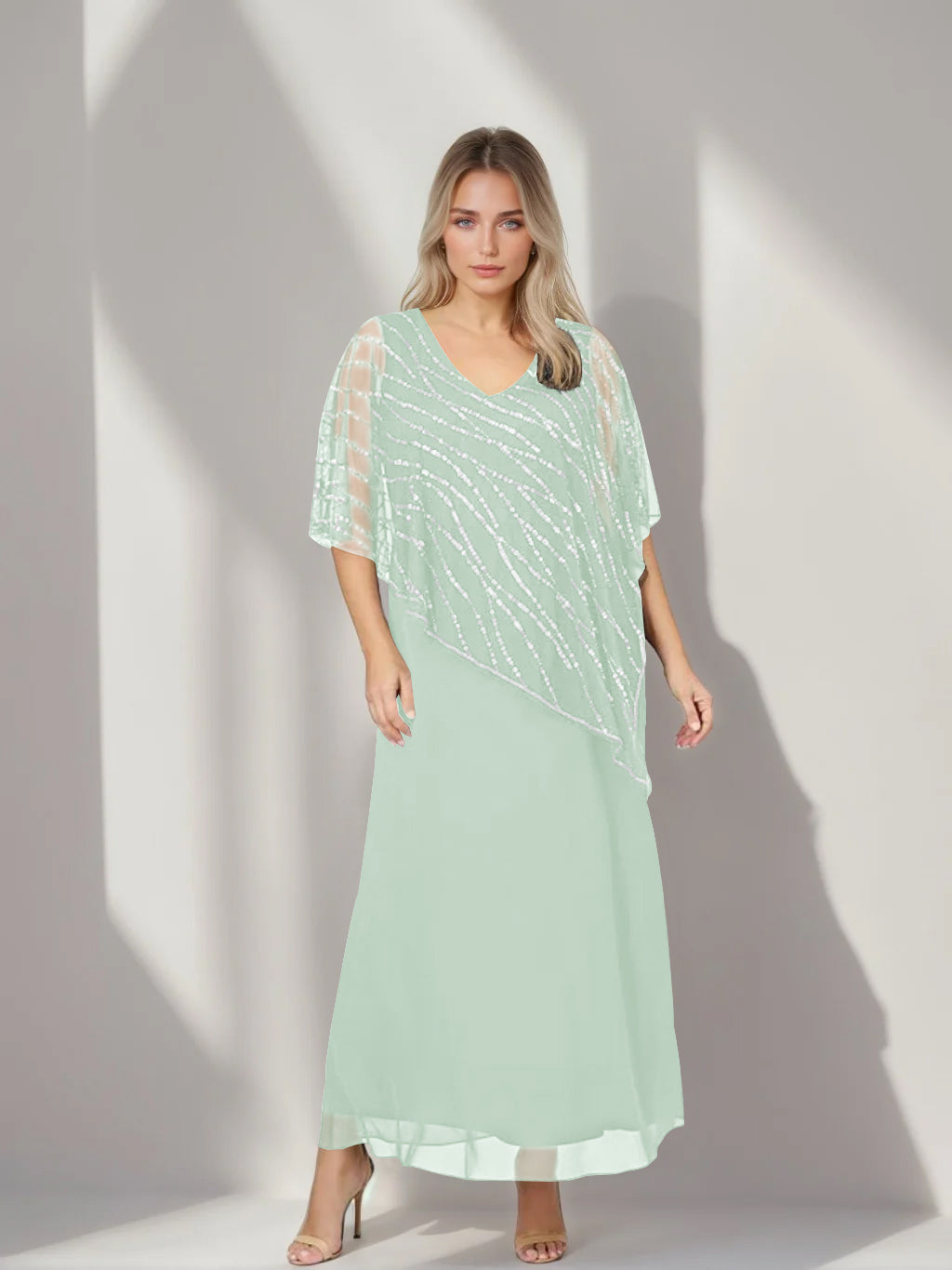 Plus Size V-Neck A-Line Princess Ankle-Length Mother of the Bride Dress with Asymmetrical Cape Popover and Half Sleeves