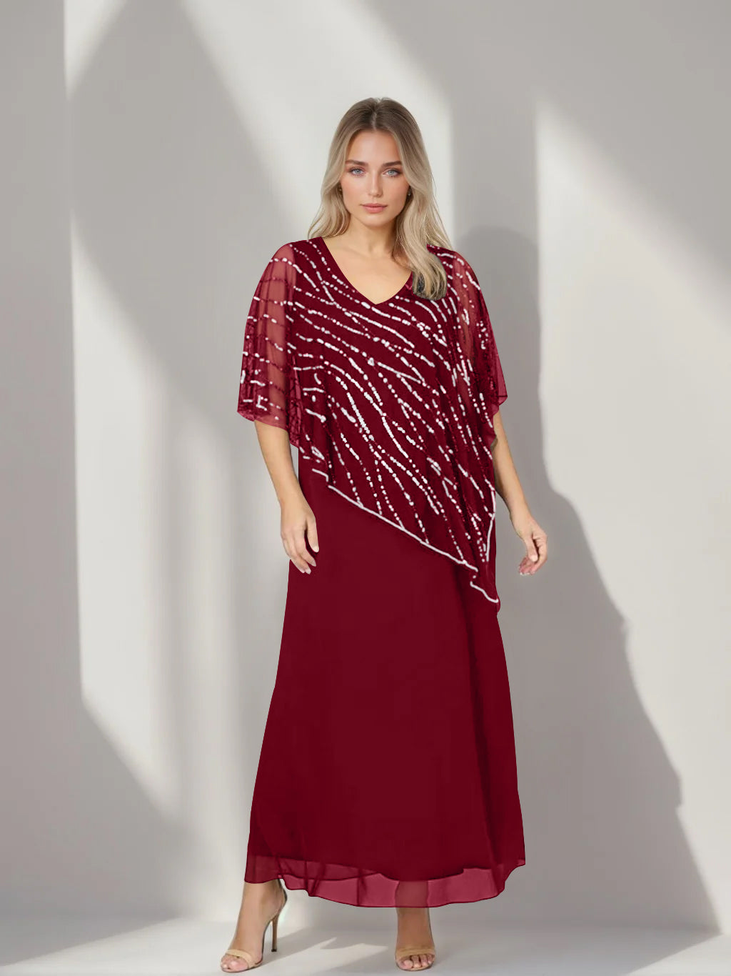 Plus Size V-Neck A-Line Princess Ankle-Length Mother of the Bride Dress with Asymmetrical Cape Popover and Half Sleeves