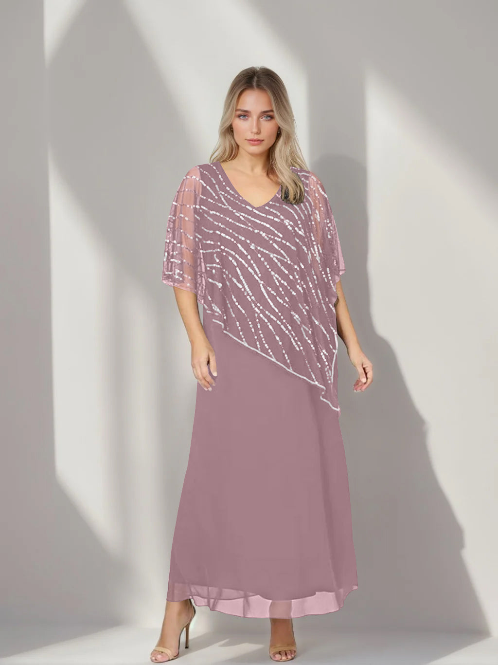 Plus Size V-Neck A-Line Princess Ankle-Length Mother of the Bride Dress with Asymmetrical Cape Popover and Half Sleeves