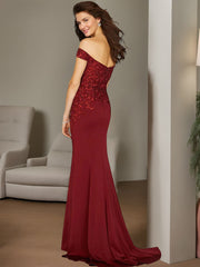 Plus Size Off-the-Shoulder Beaded Trumpet/Mermaid Mother of the Bride Gown Floor-Length