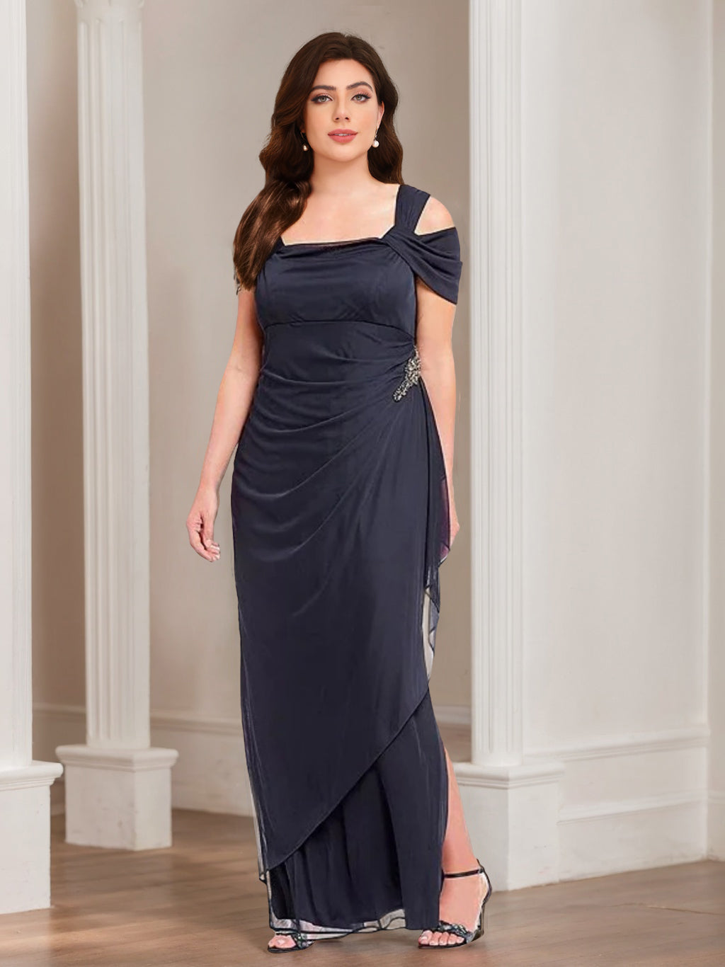 Plus Size Cold-Shoulder Ankle-Length Mother of the Bride Sheath Dress with Ruffles