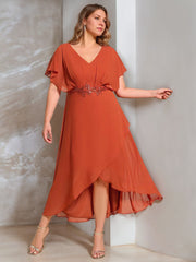 Plus Size V-Neck A-Line Mother of the Bride Dress with Short Sleeves and Asymmetrical Appliques