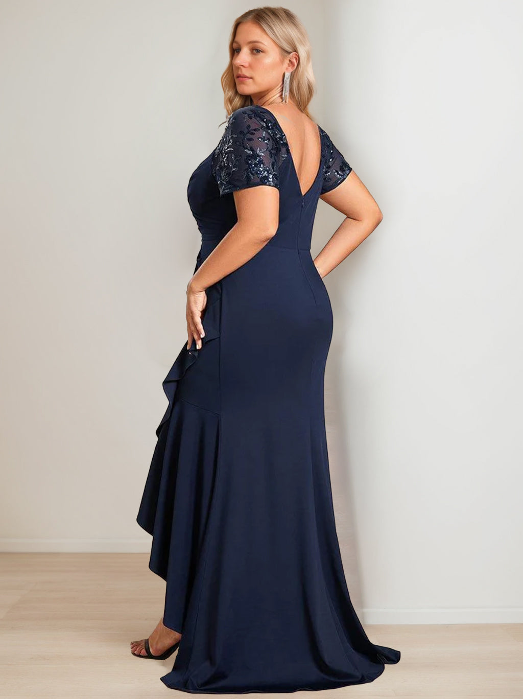 Asymmetrical V-Neck Short Sleeve Sheath Dress for Plus Size Mother of the Bride with Sequins