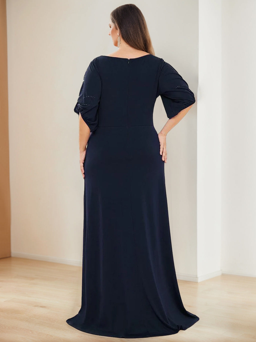 Plus Size Floor-Length A-Line Princess Mother of the Bride Dress with Hot Drill and Round Neck Half Sleeves