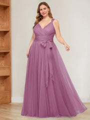 V-Neck Sleeveless A-Line Princess Floor-Length Tulle Plus Size Mother of the Bride Dress with Ruffles