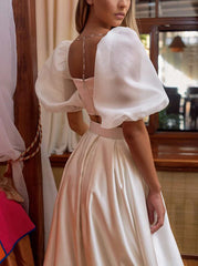 2pcs Square Neckline Wedding Dress with A line Flutter Sleeves