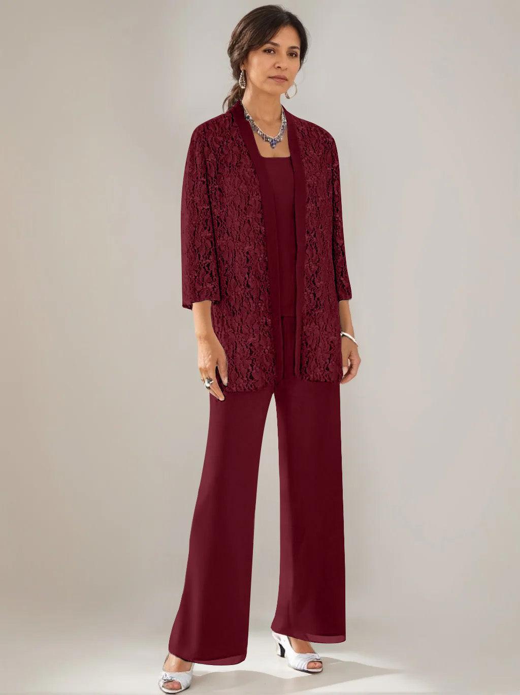 3 Pieces Scoop Neck 3/4 Sleeves Ankle-Length Mother of the Bride Pantsuits with Lace & Sequins & Jacket