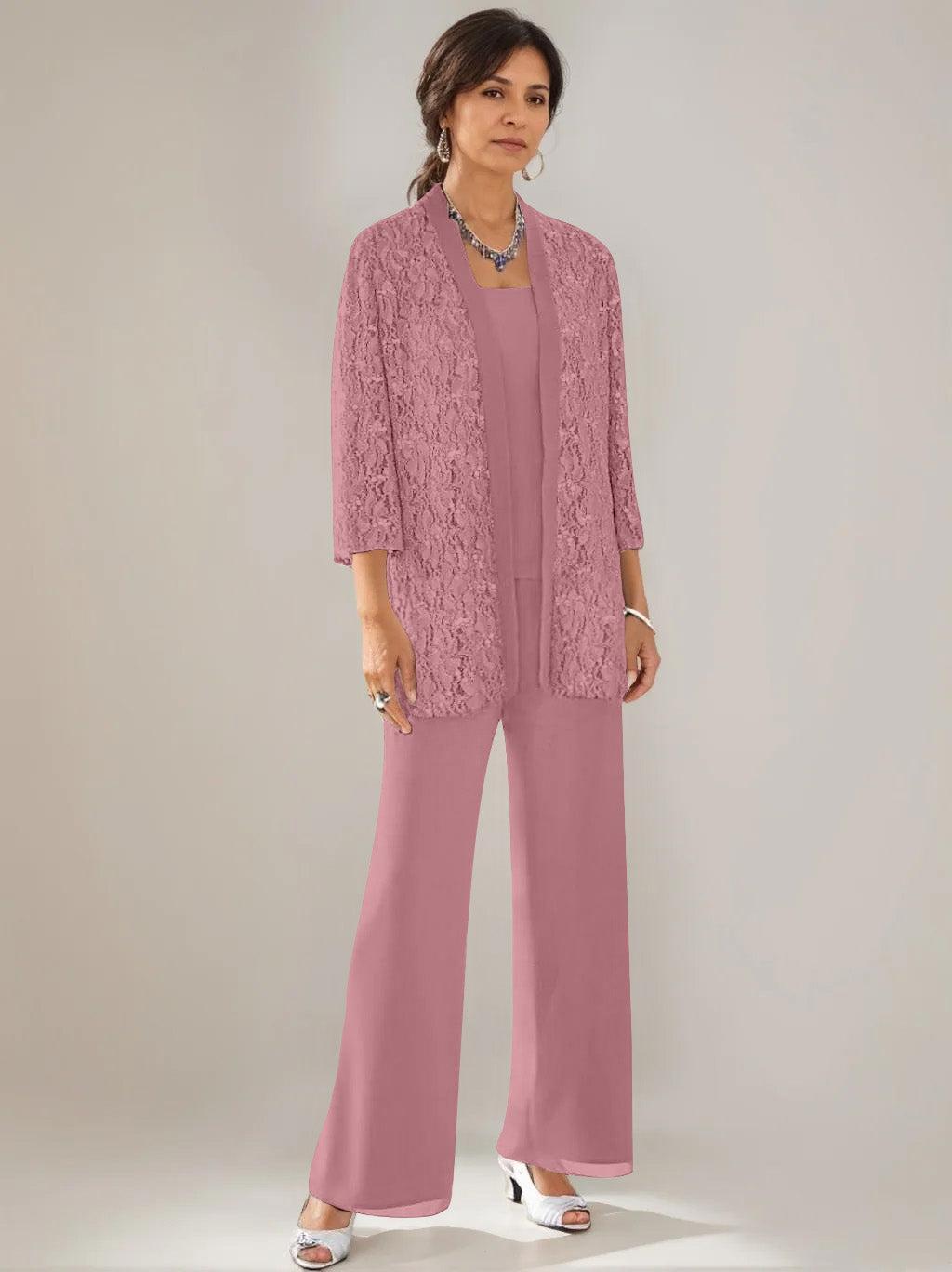 3 Pieces Scoop Neck 3/4 Sleeves Ankle-Length Mother of the Bride Pantsuits with Lace & Sequins & Jacket
