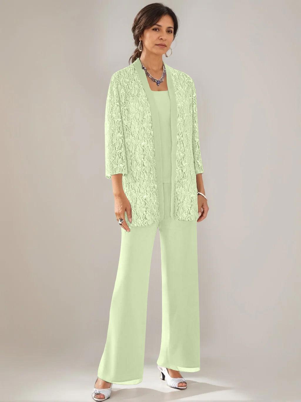 3 Pieces Scoop Neck 3/4 Sleeves Ankle-Length Mother of the Bride Pantsuits with Lace & Sequins & Jacket