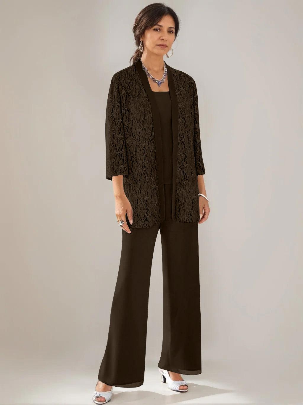 3 Pieces Scoop Neck 3/4 Sleeves Ankle-Length Mother of the Bride Pantsuits with Lace & Sequins & Jacket
