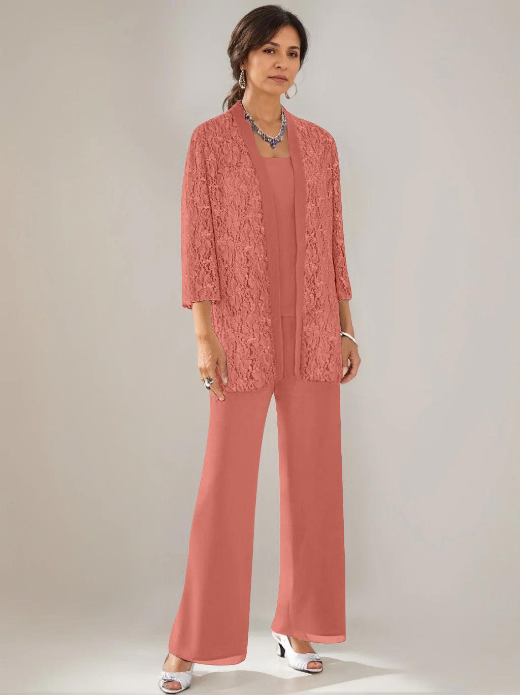 3 Pieces Scoop Neck 3/4 Sleeves Ankle-Length Mother of the Bride Pantsuits with Lace & Sequins & Jacket