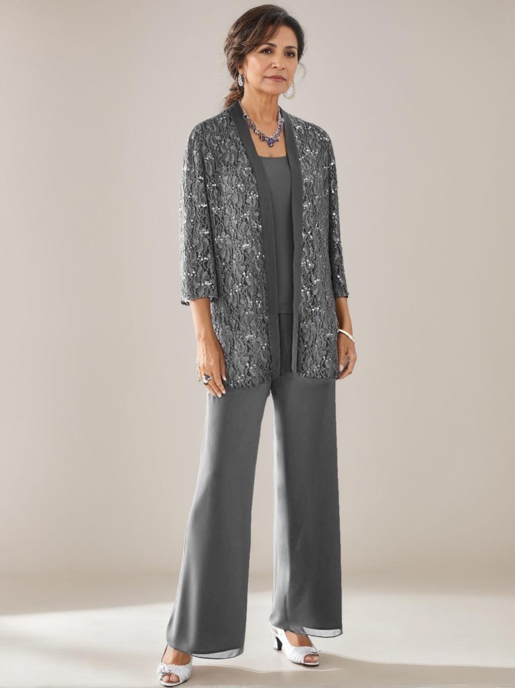 3 Pieces Scoop Neck 3/4 Sleeves Ankle-Length Mother of the Bride Pantsuits with Lace & Sequins & Jacket