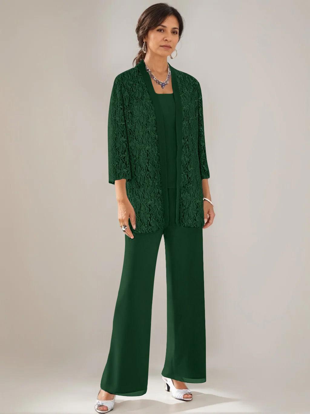 3 Pieces Scoop Neck 3/4 Sleeves Ankle-Length Mother of the Bride Pantsuits with Lace & Sequins & Jacket
