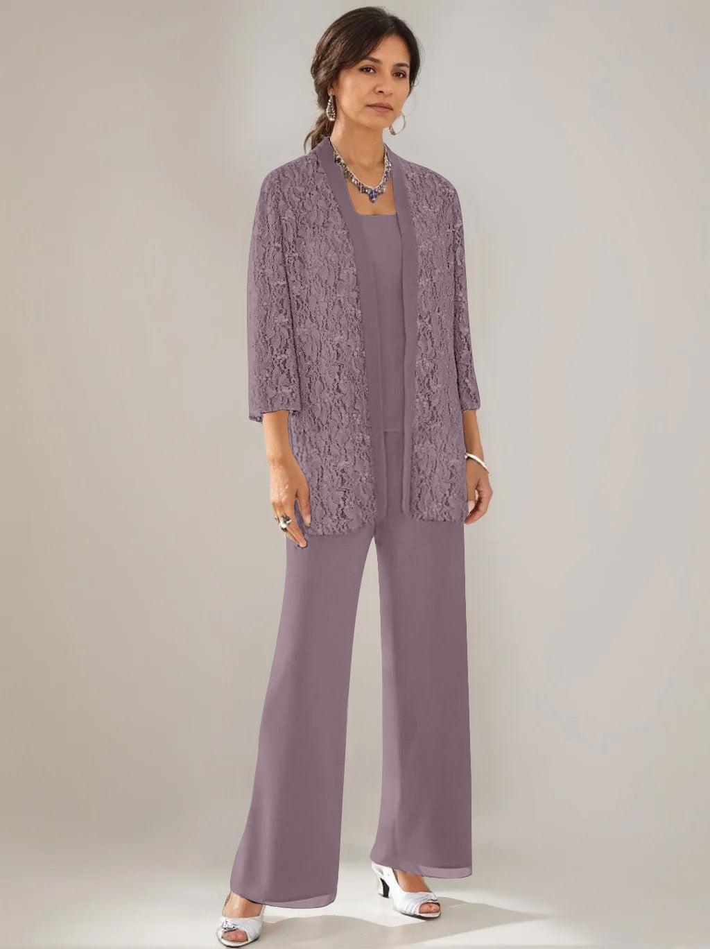3 Pieces Scoop Neck 3/4 Sleeves Ankle-Length Mother of the Bride Pantsuits with Lace & Sequins & Jacket