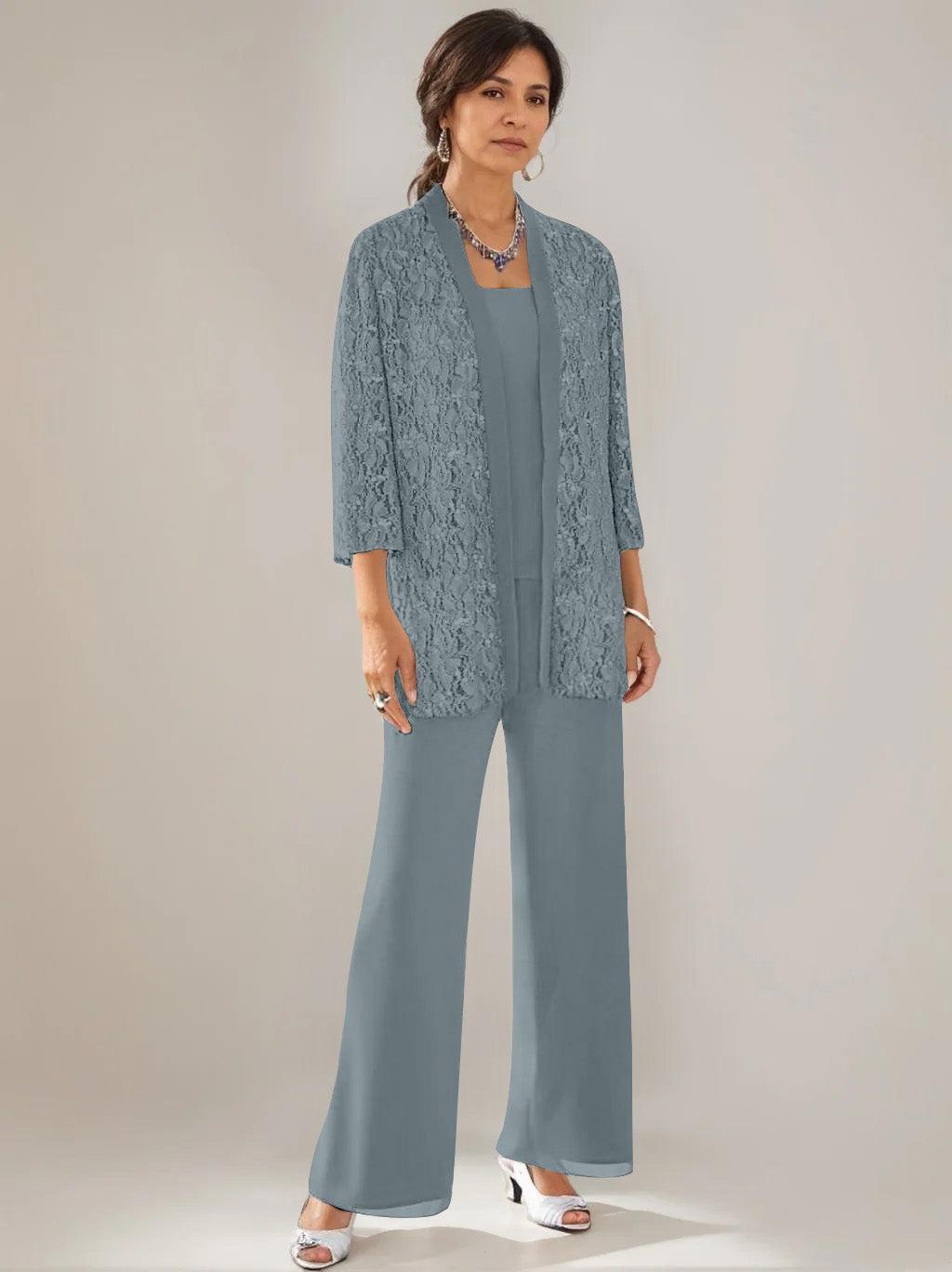 3 Pieces Scoop Neck 3/4 Sleeves Ankle-Length Mother of the Bride Pantsuits with Lace & Sequins & Jacket