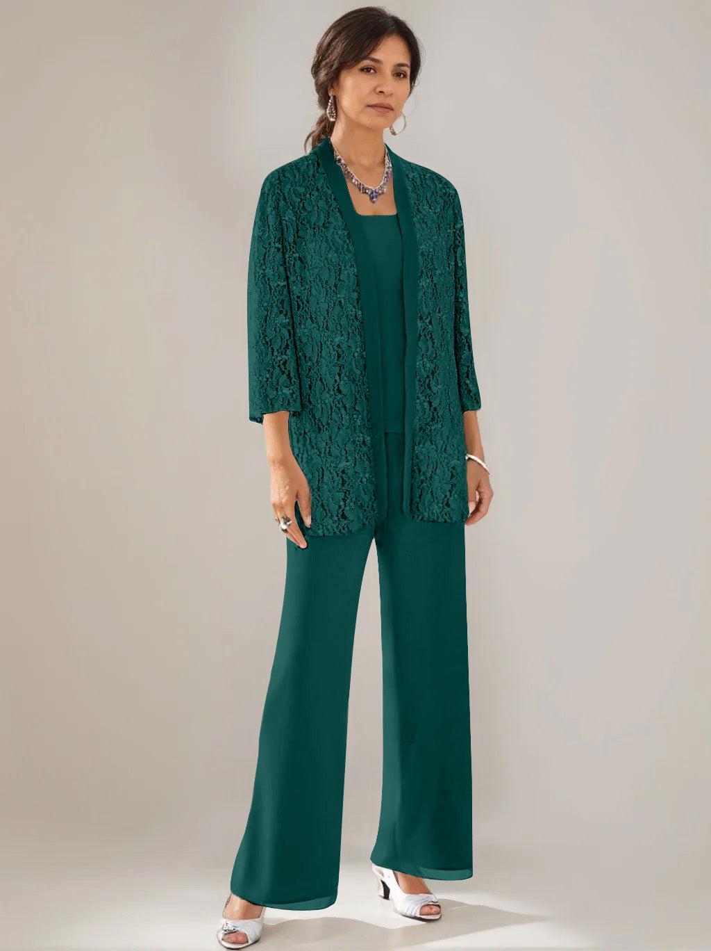 3 Pieces Scoop Neck 3/4 Sleeves Ankle-Length Mother of the Bride Pantsuits with Lace & Sequins & Jacket