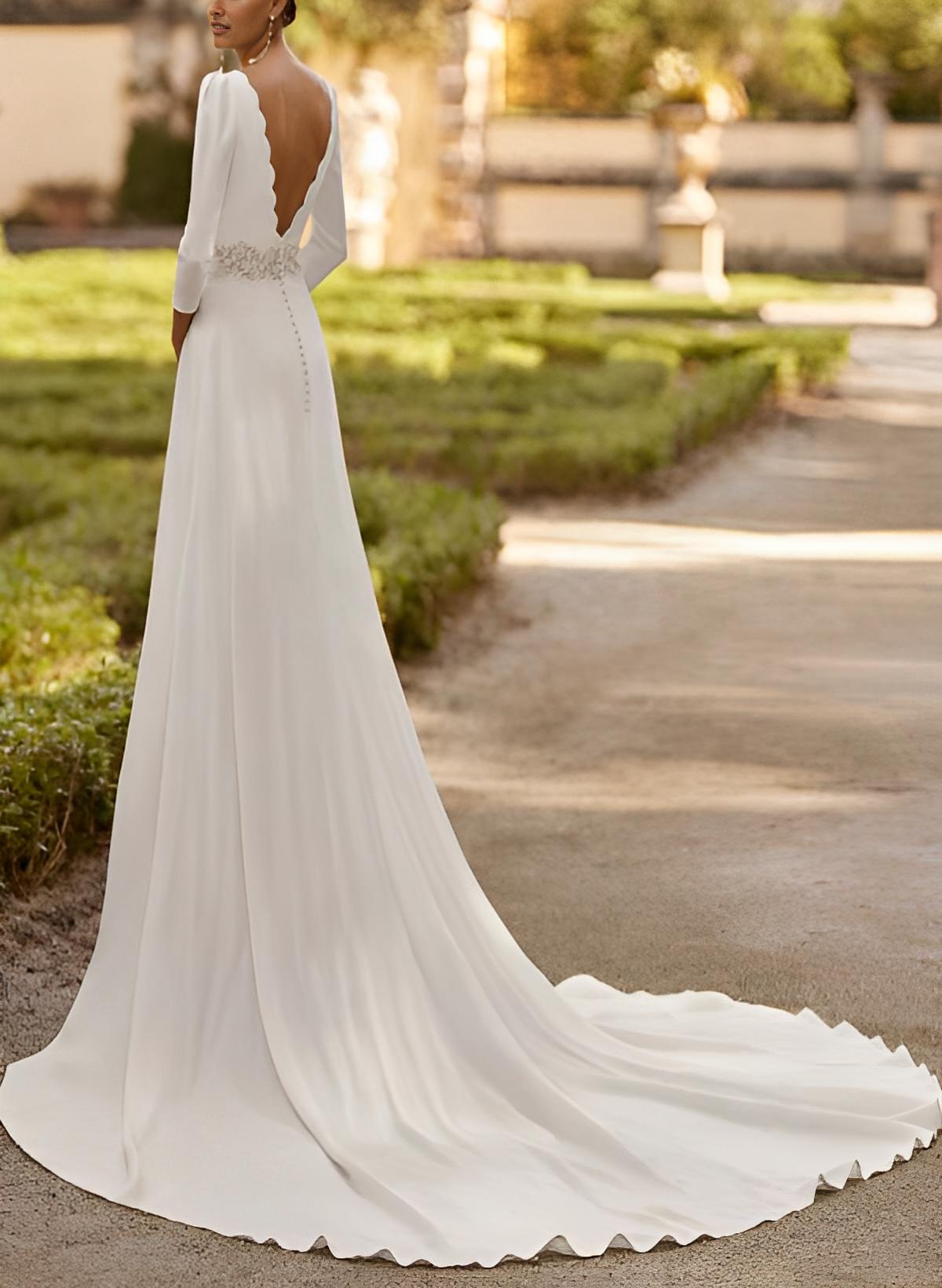 3/4 Sleeve Beach Wedding Dress A Line Bridal Gown with Court Train