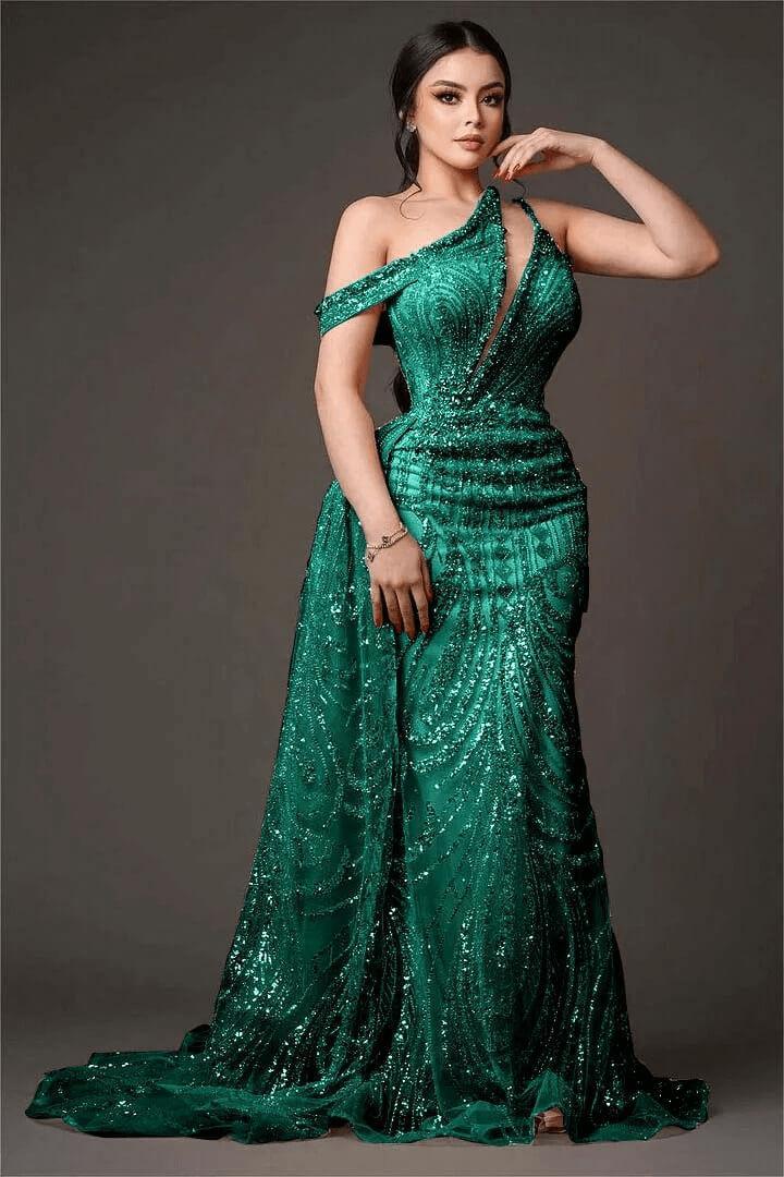 Champagne Mermaid Prom Dress Cap Sleeve Asymmetric Neck Formal Dress With Beadings and Rhinestones