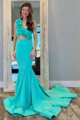 3D Floral Aqua Mermaid One Shoulder Cutout Prom Dress Formal Evening Gown