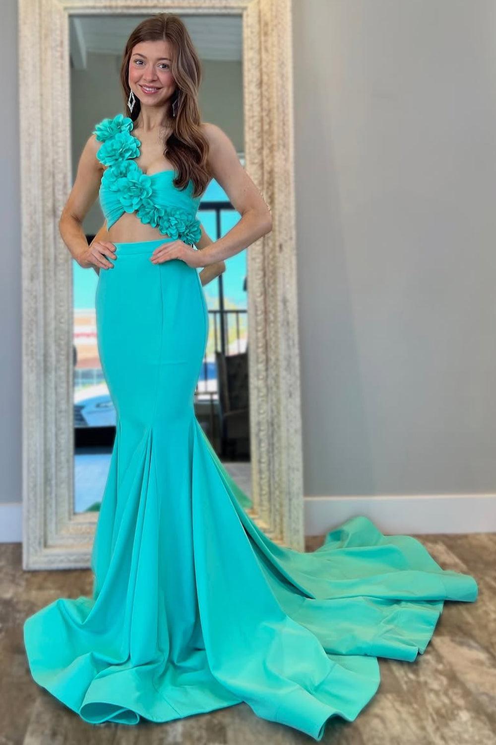 3D Floral Aqua Mermaid One Shoulder Cutout Prom Dress Formal Evening Gown