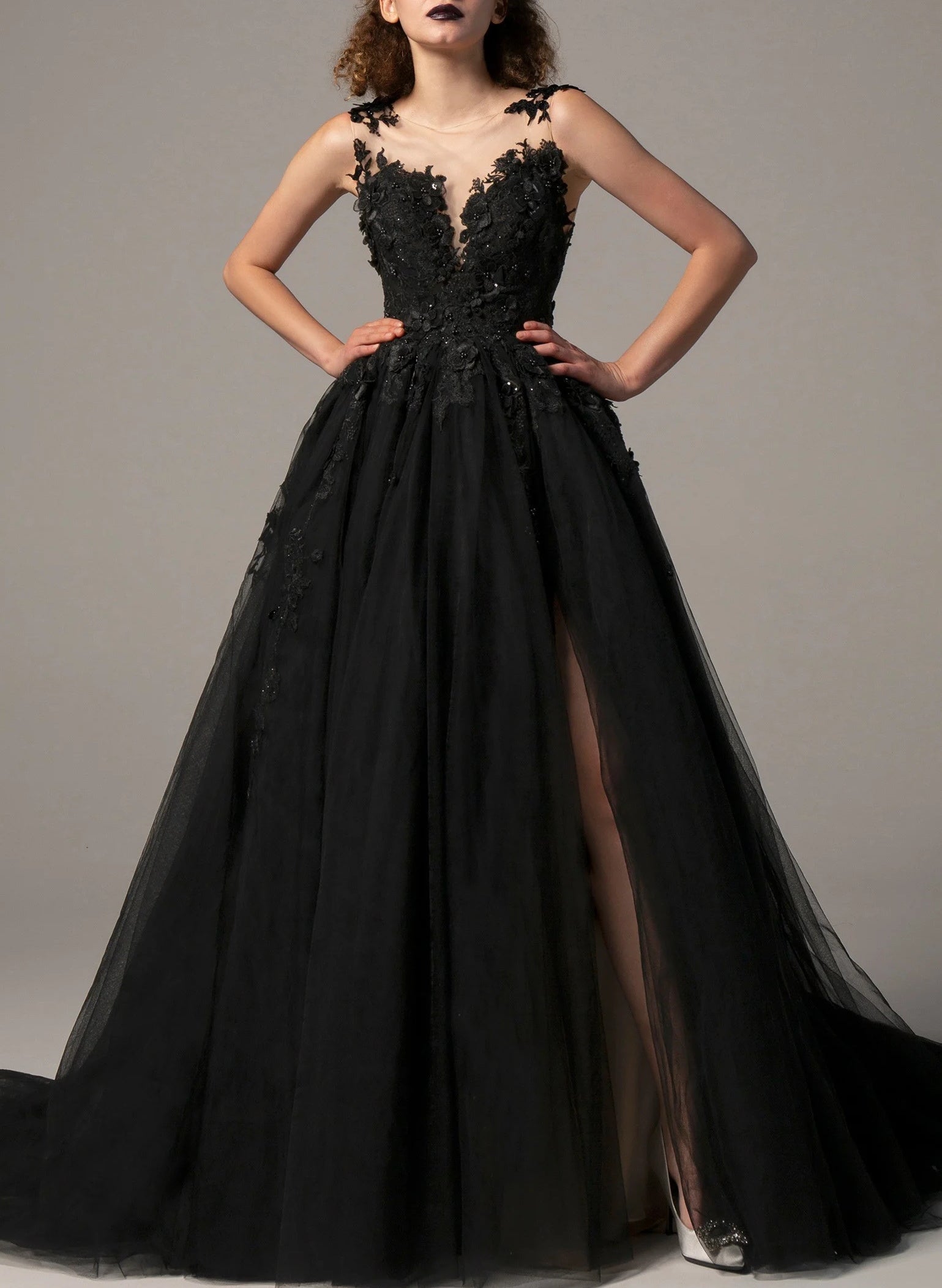 3D Floral Black Ball Gown Wedding Dress