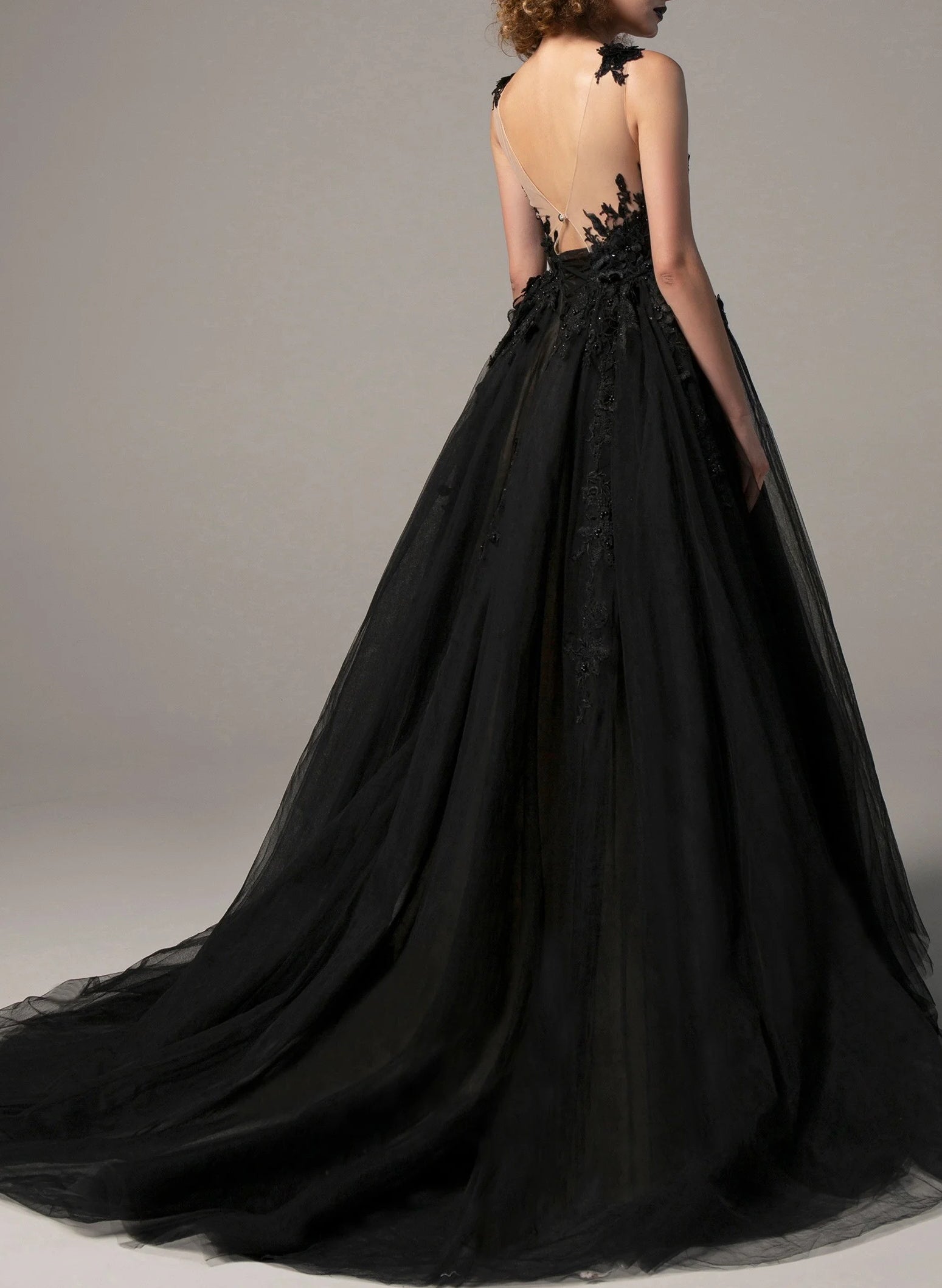 3D Floral Black Ball Gown Wedding Dress