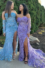 3D Floral Prom Dress Lace Strapless Long Evening Dress with Detachable Sleeves