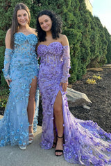 3D Floral Prom Dress Lace Strapless Long Evening Dress with Detachable Sleeves